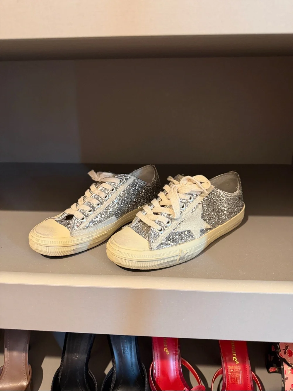 Golden Goose Silver Glitter Low-Top Sneakers with Beige Sole
